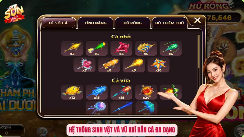 Hệ thống sinh vật và vũ khí bắn cá đa dạng