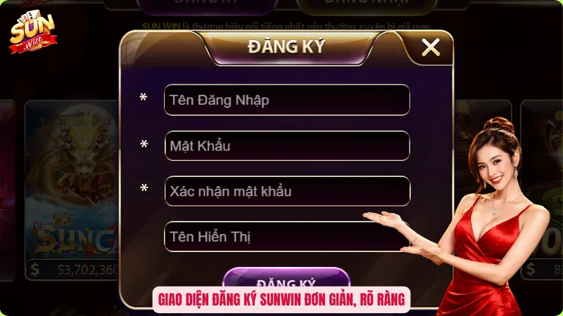 Giao diện đăng ký Sunwin đơn giản, rõ ràng