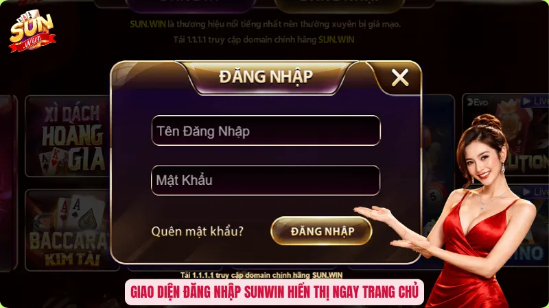 Giao diện đăng nhập Sunwin hiển thị ngay trang chủ