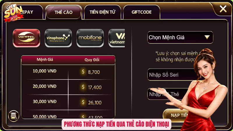 Phương thức nạp tiền qua thẻ cào điện thoại