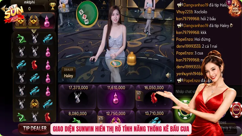 Giao diện Sunwin hiển thị rõ tính năng thống kê bầu cua
